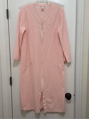 Cuddledown Orange Peach White Stripe Seersucker Cotton House Coat Zip Robe Small